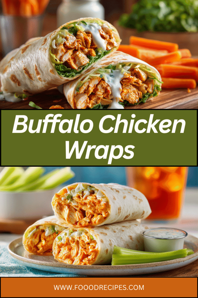 Spicy buffalo chicken wraps sliced open, filled with shredded chicken, lettuce, and creamy dressing, served with carrot and celery sticks.