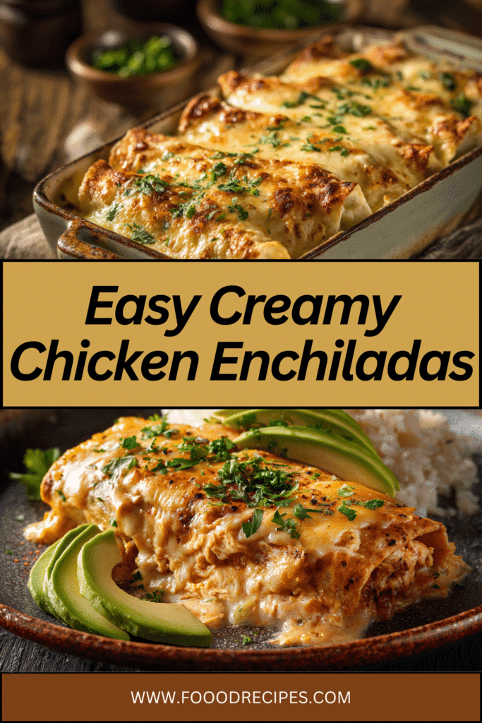 Easy Creamy Chicken Enchiladas topped with cheese and fresh herbs, served with sliced avocado and rice