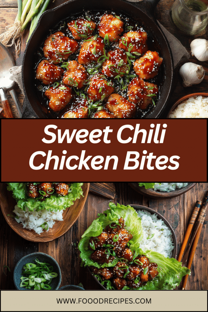 Sweet Chili Chicken Bites served in skillet and lettuce wraps