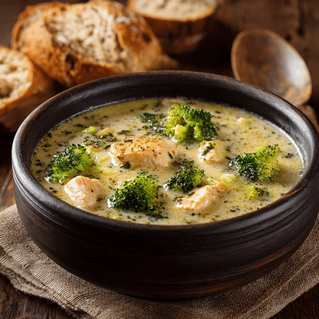 Creamy chicken broccoli soup with bread