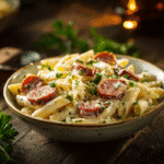 Smoked Sausage Alfredo Pasta served in a bowl with creamy sauce and sausage