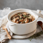 Chicken marsala cooking in a slow cooker on modern kitchen counter