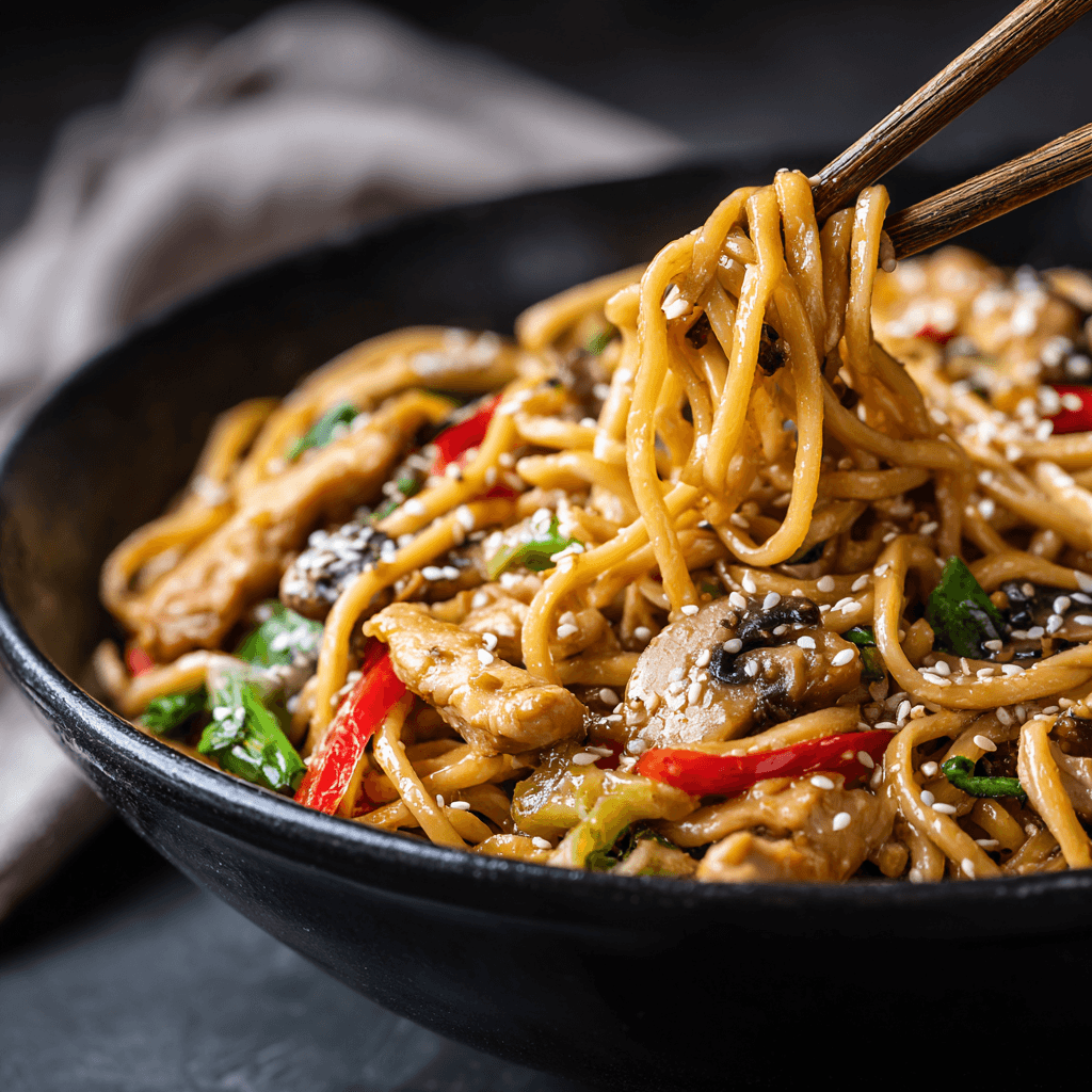 Chicken lo mein noodles being picked up with chopsticks