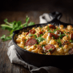 Smoked Sausage Mac and Cheese in cast iron skillet