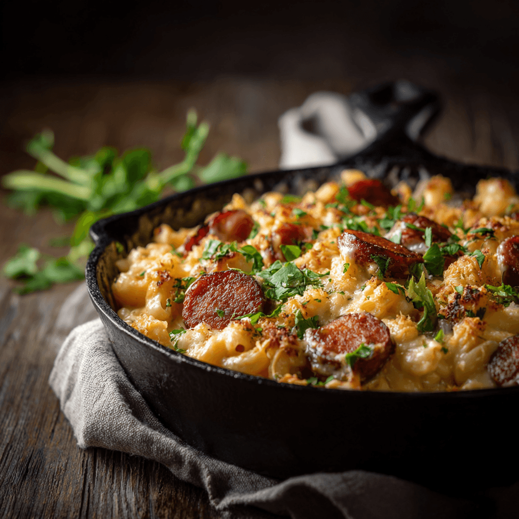 Smoked Sausage Mac and Cheese in cast iron skillet