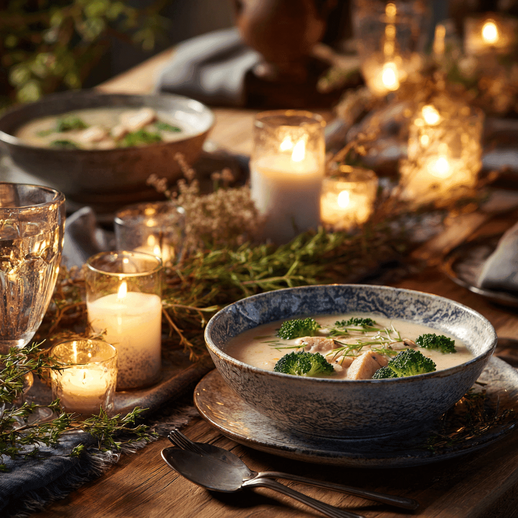 Dinner table with creamy chicken broccoli soup
