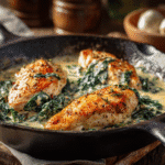 Creamy garlic chicken with spinach in skillet