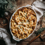 Creamy Cajun Chicken Penne Bake in rustic baking dish