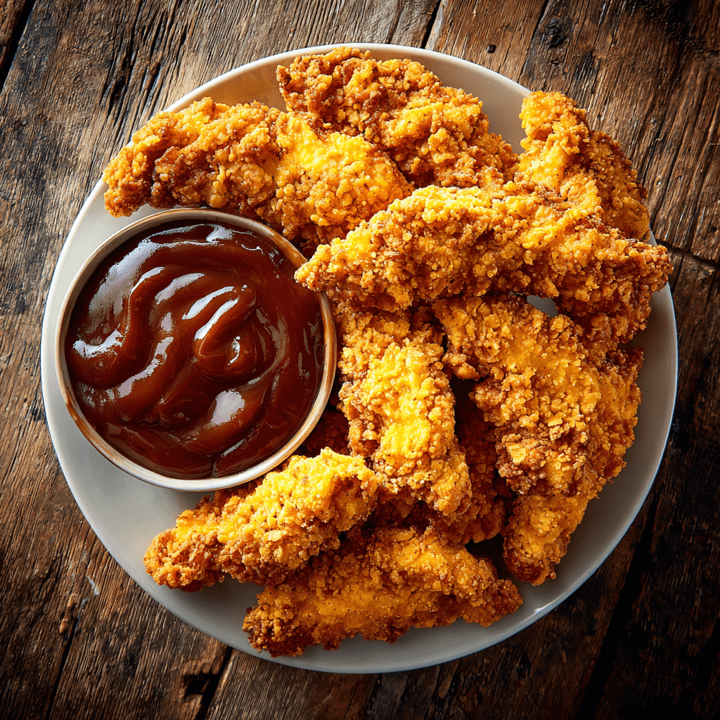Crispy Chicken Tenders with BBQ Dip on Rustic Table