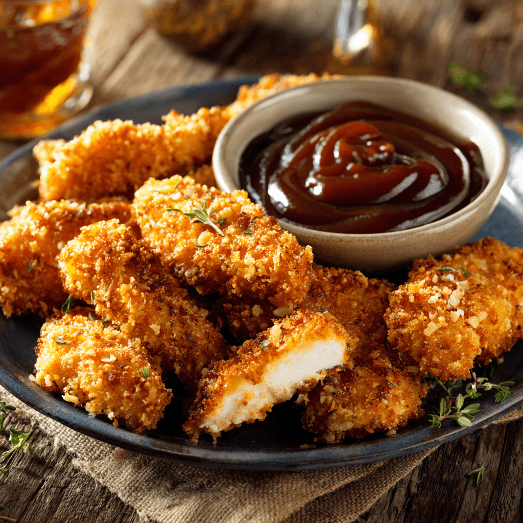 Served Crispy Chicken Tenders with BBQ Sauce
