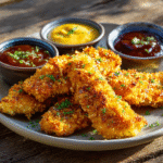 extra crunchy panko chicken strips served with sauce