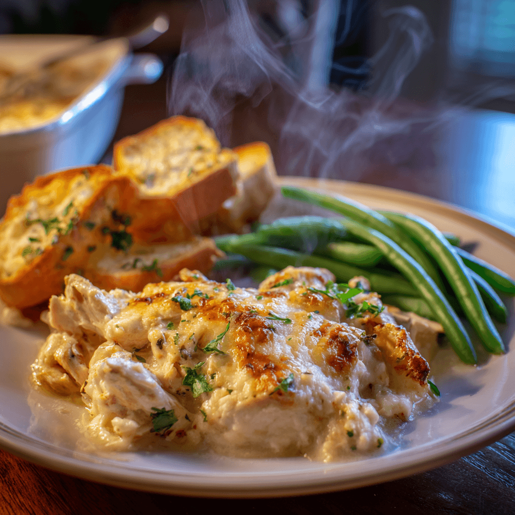 Serving of cream cheese chicken casserole with sides