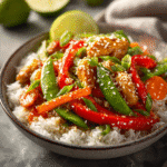 Sweet chili chicken stir fry over jasmine rice