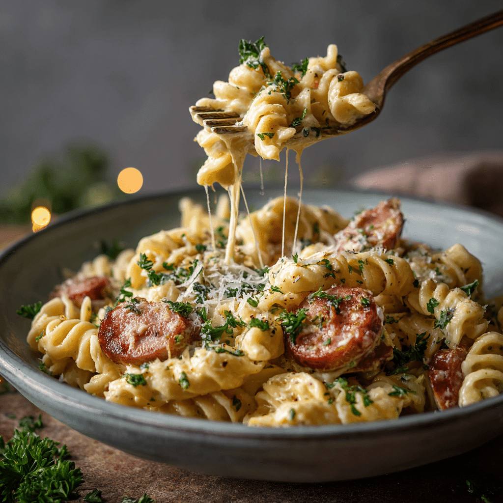 Plated smoked sausage mac and cheese