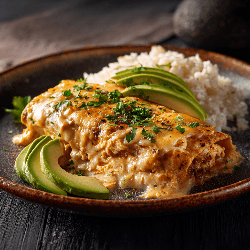 Served creamy chicken enchiladas with sides