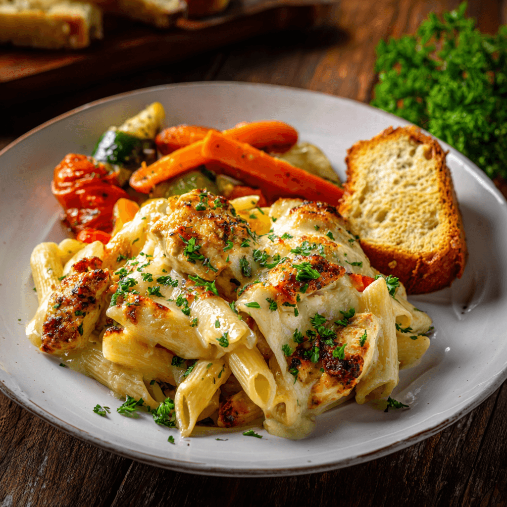 Served creamy Cajun chicken pasta with garlic bread and veggies