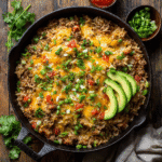 Beef taco rice skillet with cheese and toppings