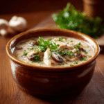Chicken and Mushroom Cream Soup in a rustic bowl