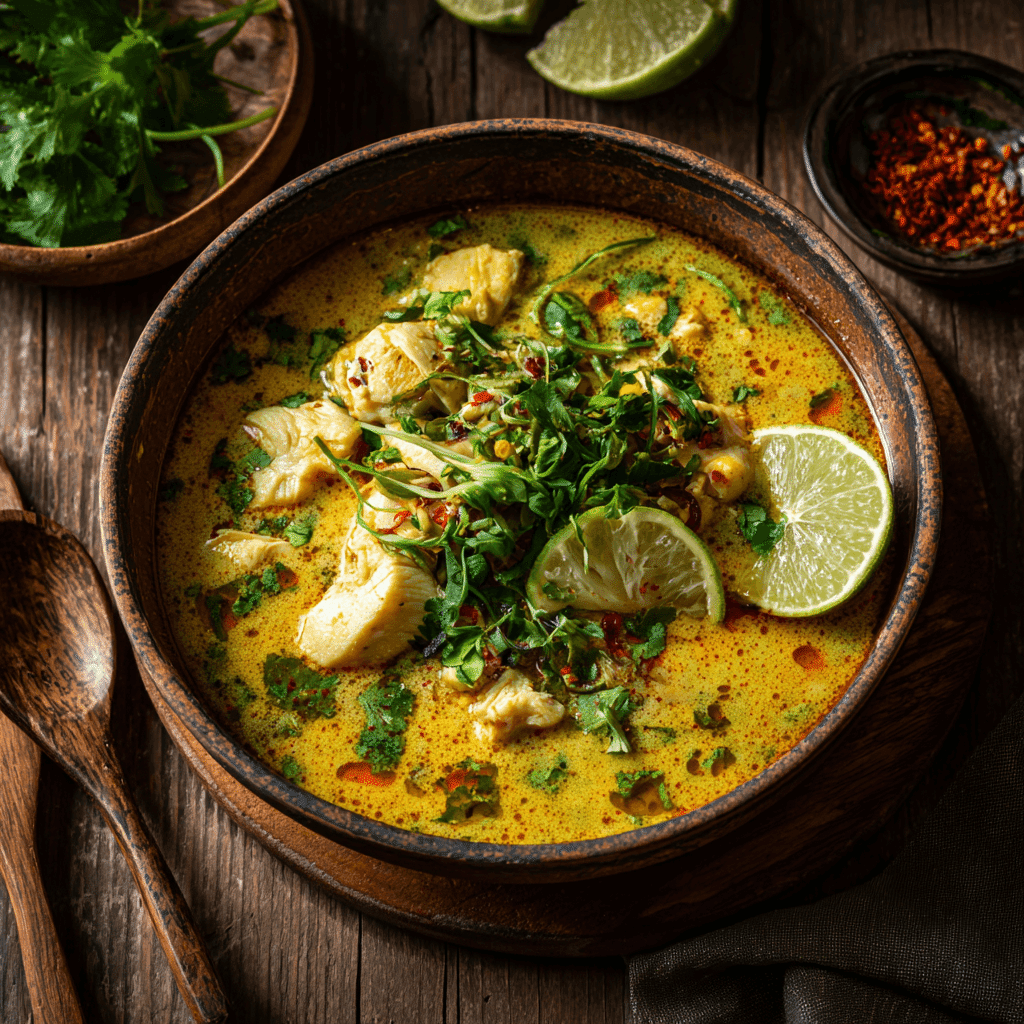 Global Fusion Curry Chicken Soup in a bowl with herbs and lime