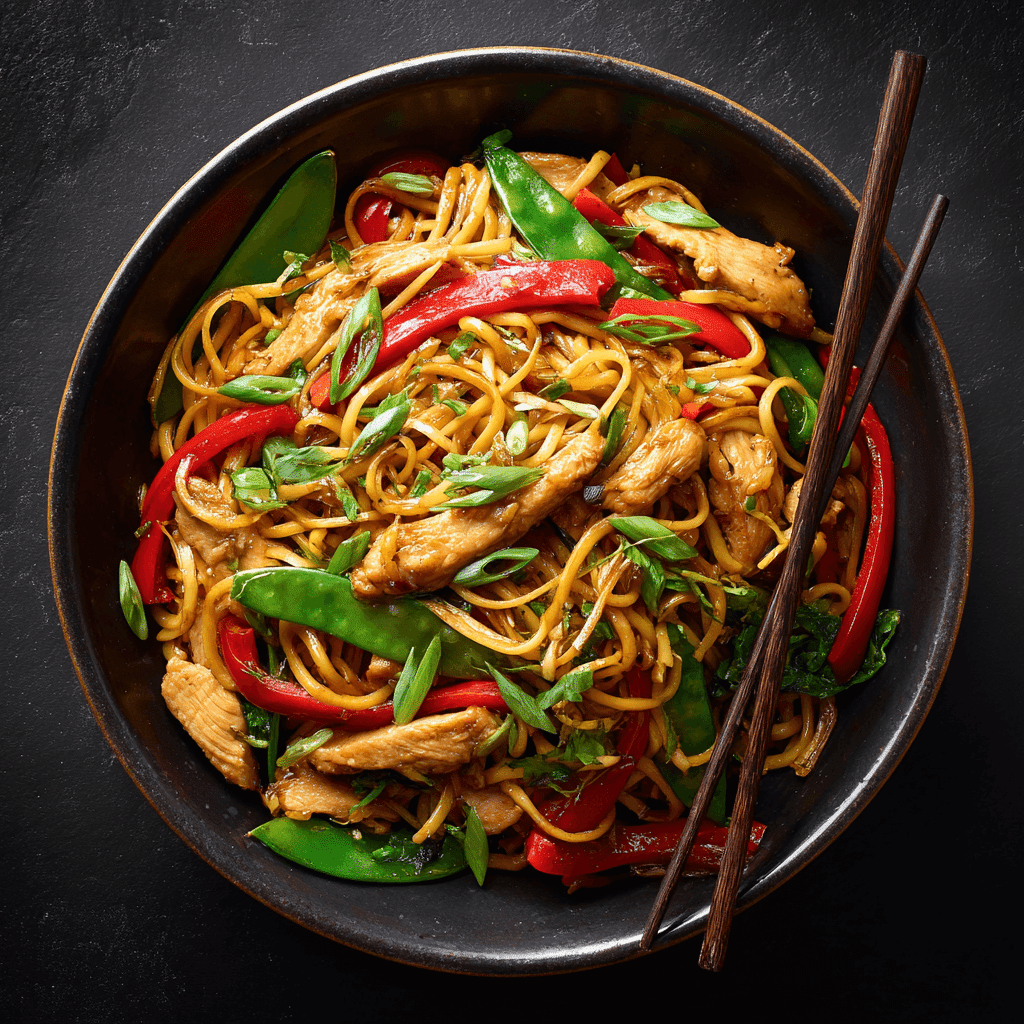 Chicken Lo Mein Stir Fry with vegetables in bowl