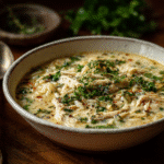 creamy chicken orzo soup in bowl