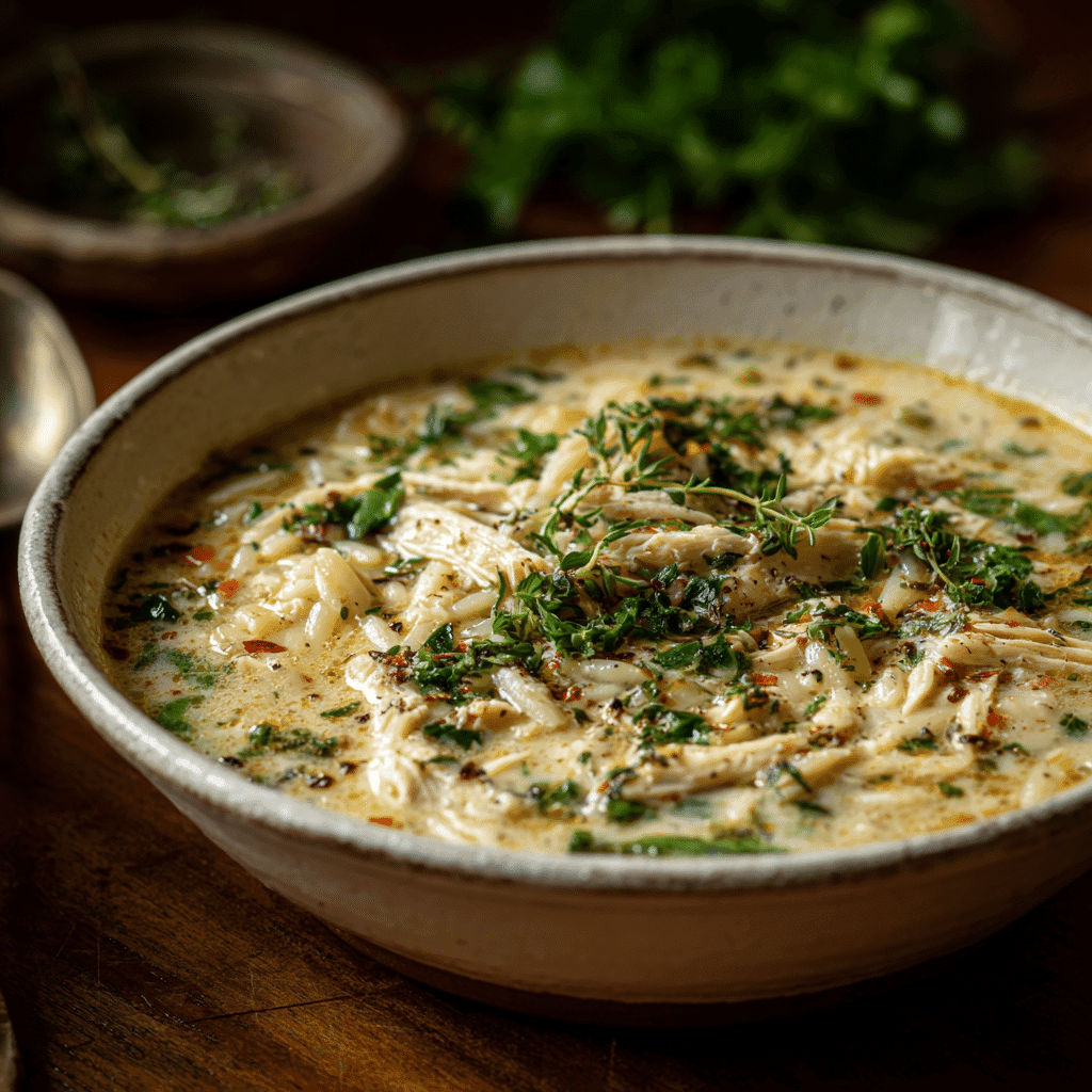 creamy chicken orzo soup in bowl