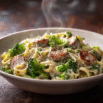 Sausage and broccoli Alfredo pasta in a bowl