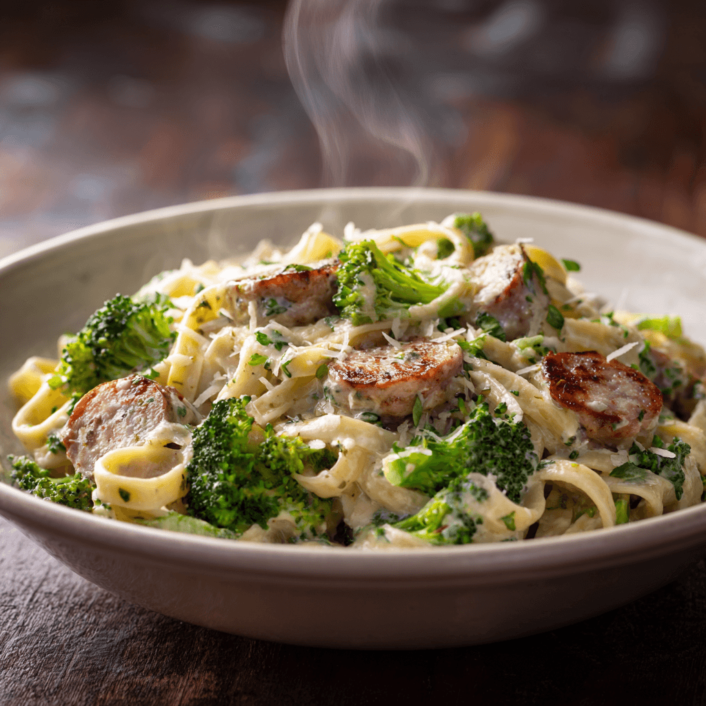 Sausage and broccoli Alfredo pasta in a bowl