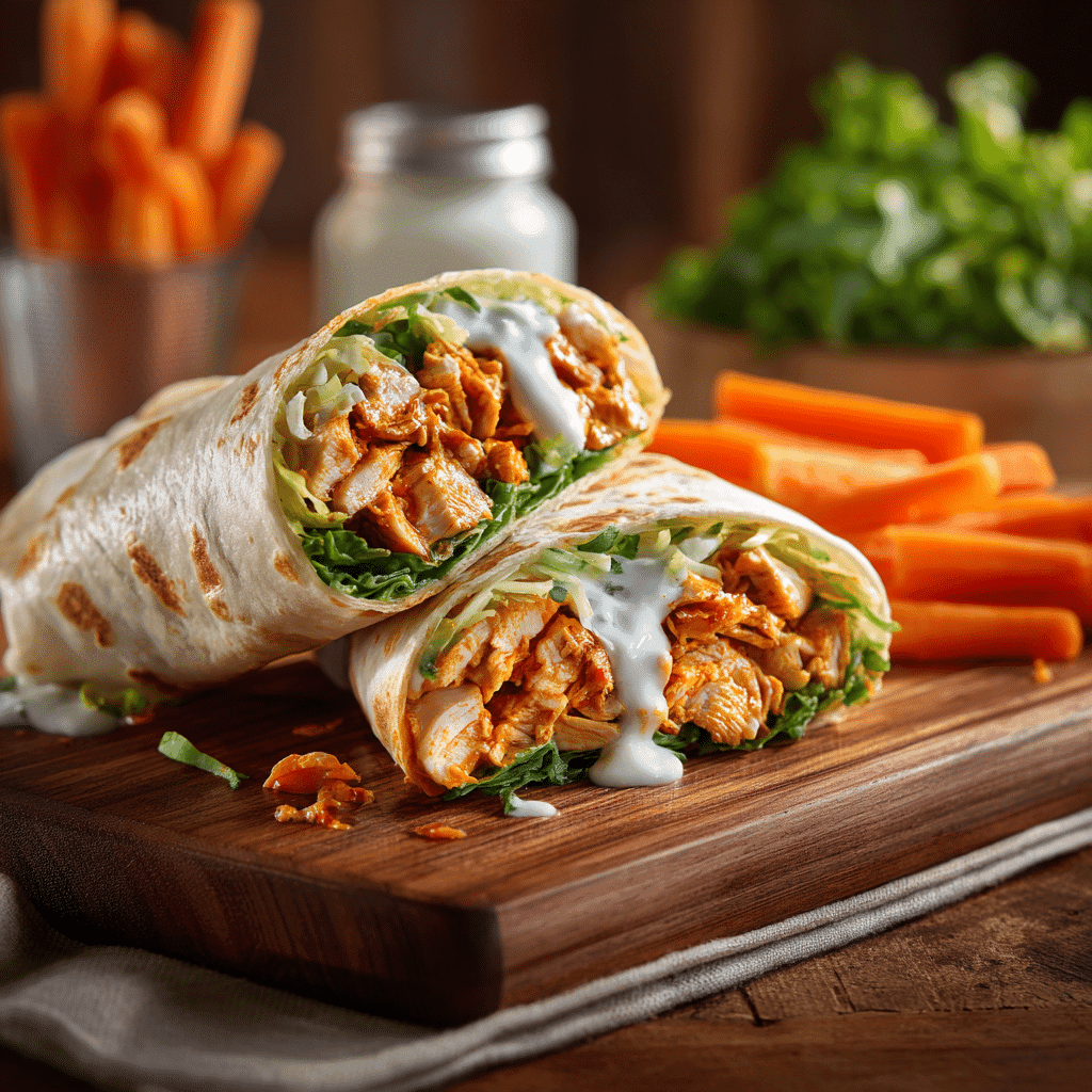 Simple Buffalo Chicken Wraps sliced open with spicy filling