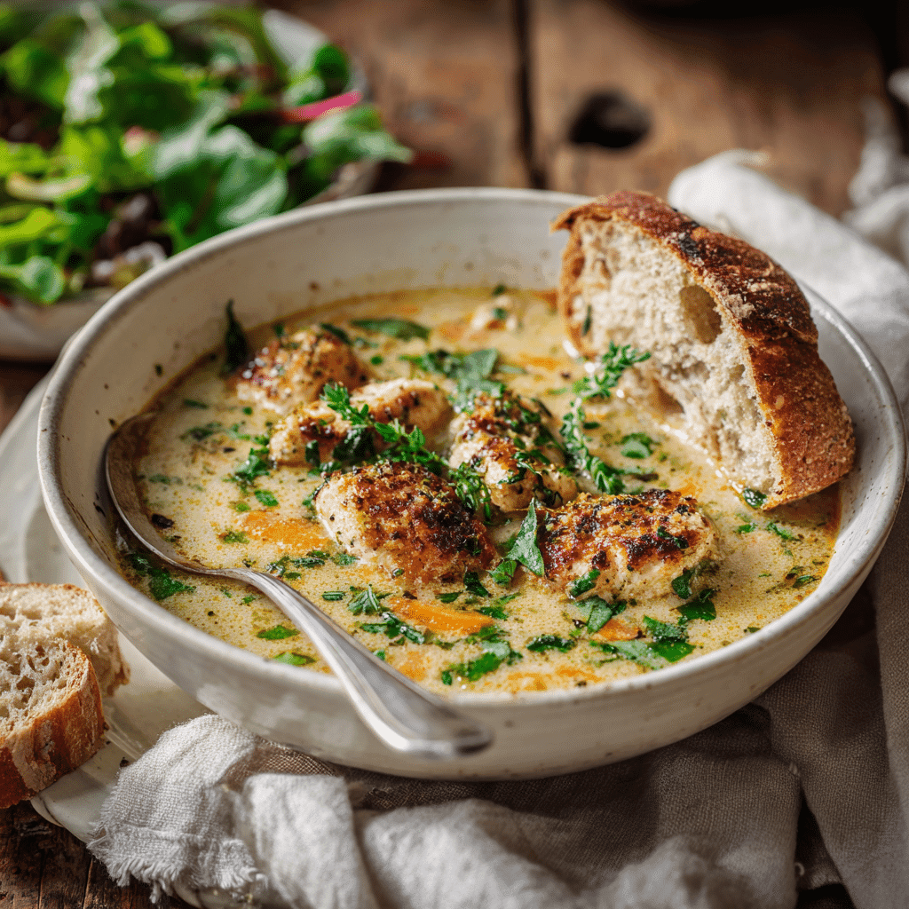 Served Garlic Parmesan Chicken Soup with bread