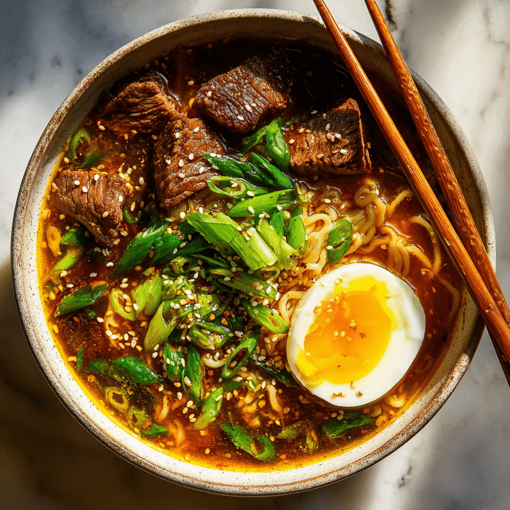 Served beef ramen skillet in a bowl