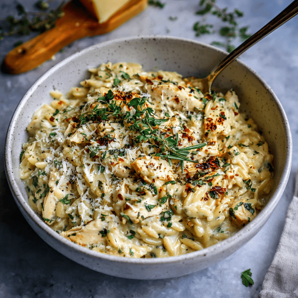 Creamy garlic chicken orzo served in a bowl