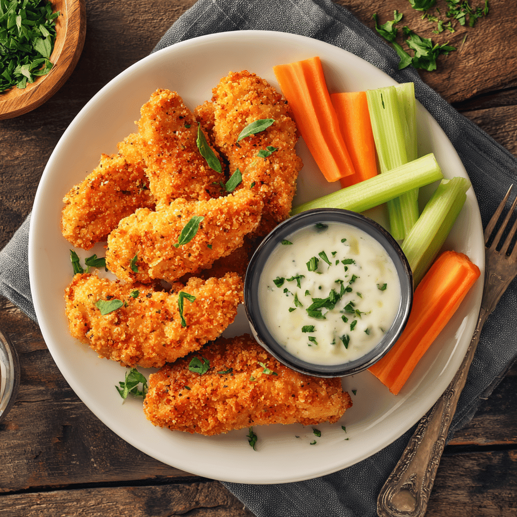 Buffalo chicken tenders served with dipping sauce and veggies
