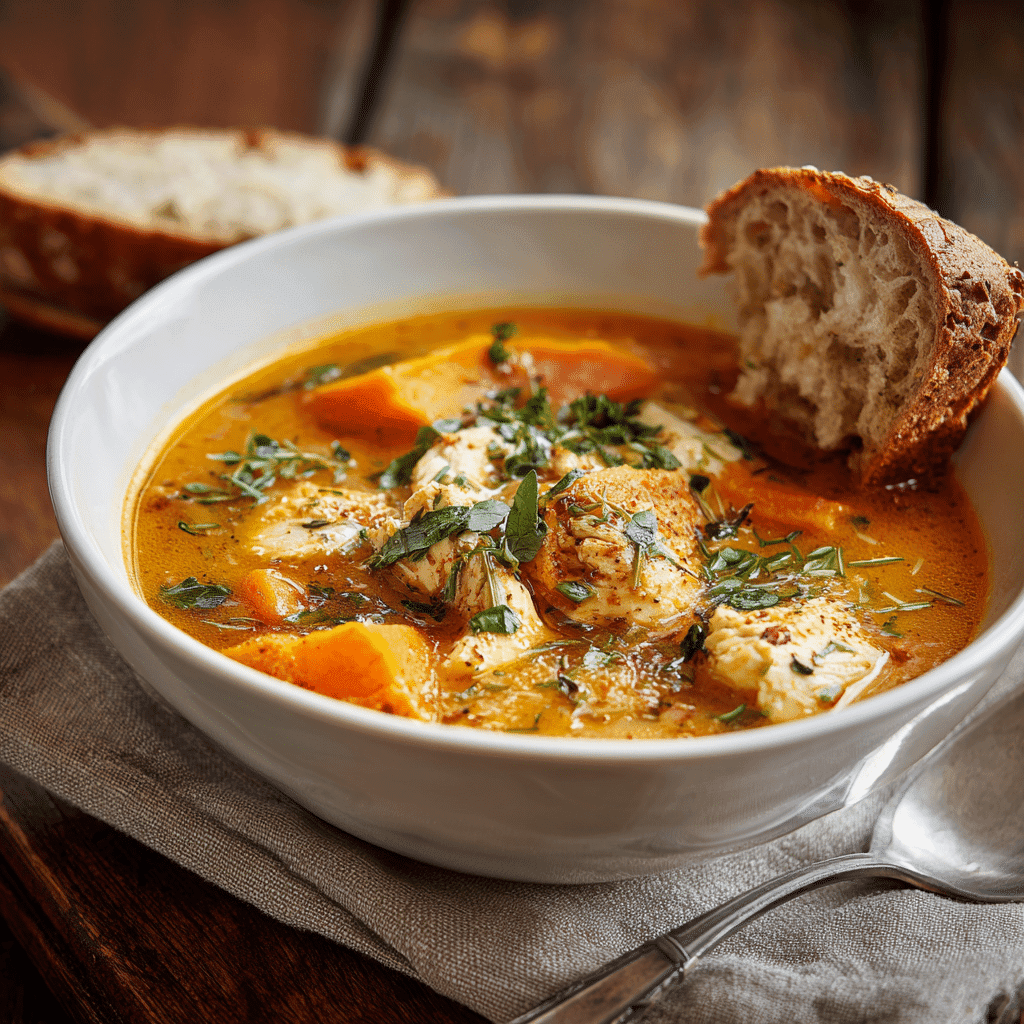 Bowl of chicken and sweet potato soup with garnish