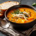 Chicken and sweet potato soup in rustic fall kitchen