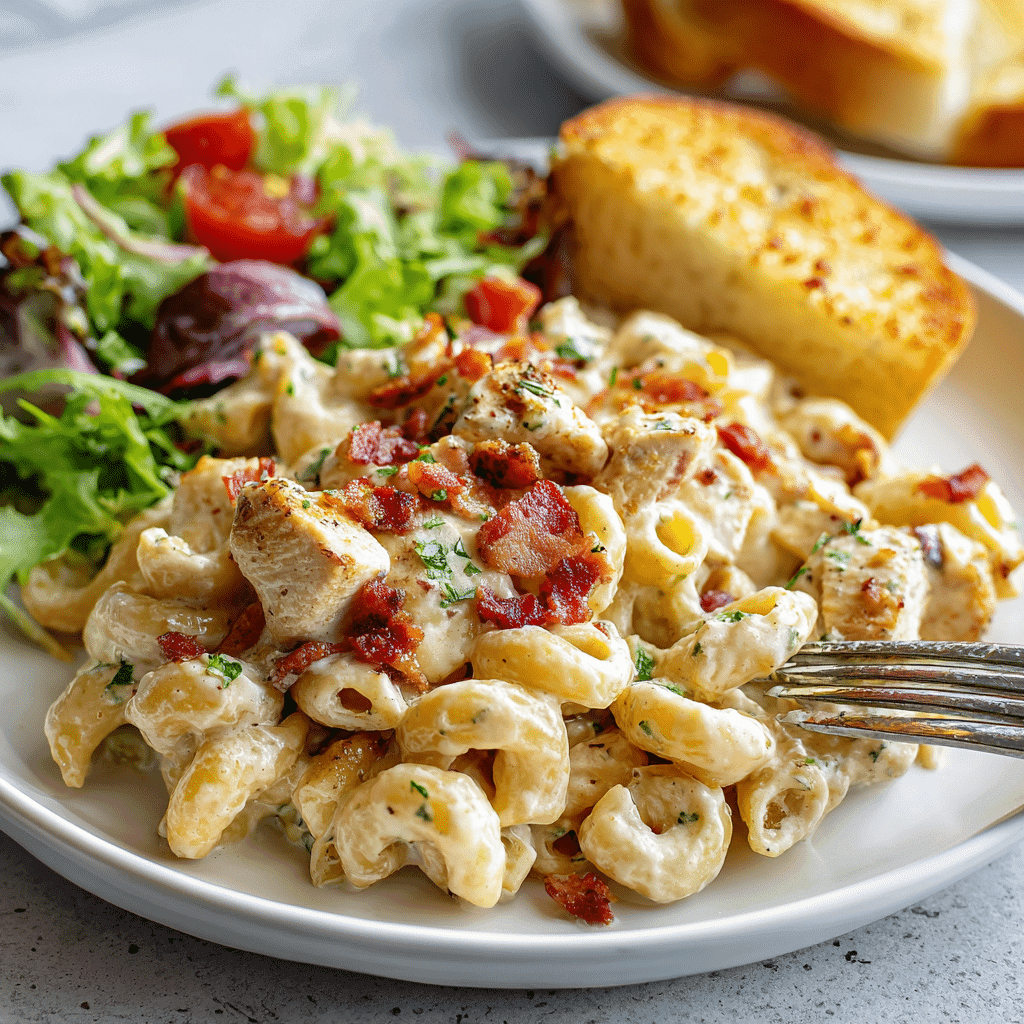 Served Chicken Bacon Ranch Pasta with sides