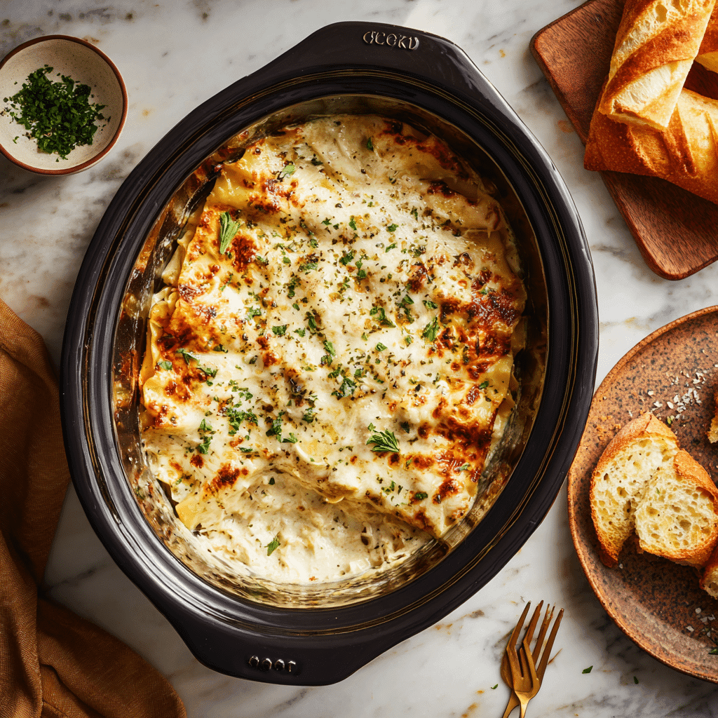 Chicken Alfredo Lasagna Slow Cooker ready in crockpot