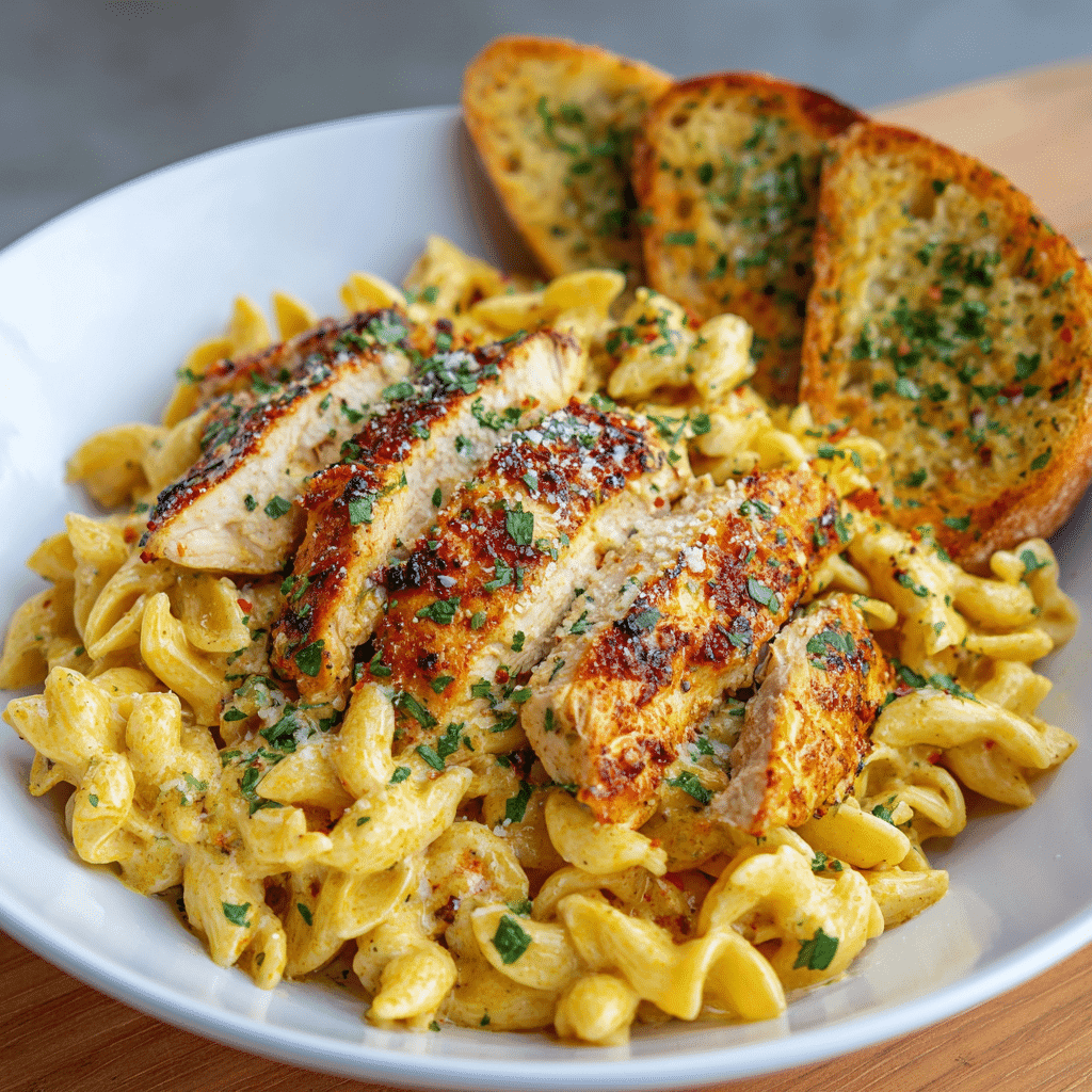 Creamy Cajun chicken pasta served with garlic bread