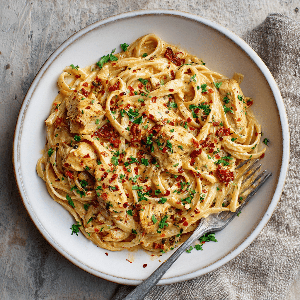 Plated Creamy Cajun Chicken Penne with Garnish