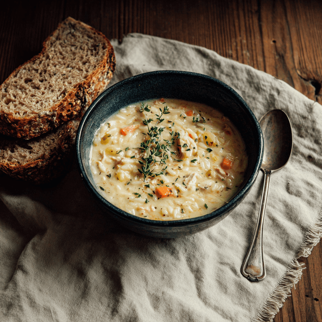 creamy chicken orzo soup served