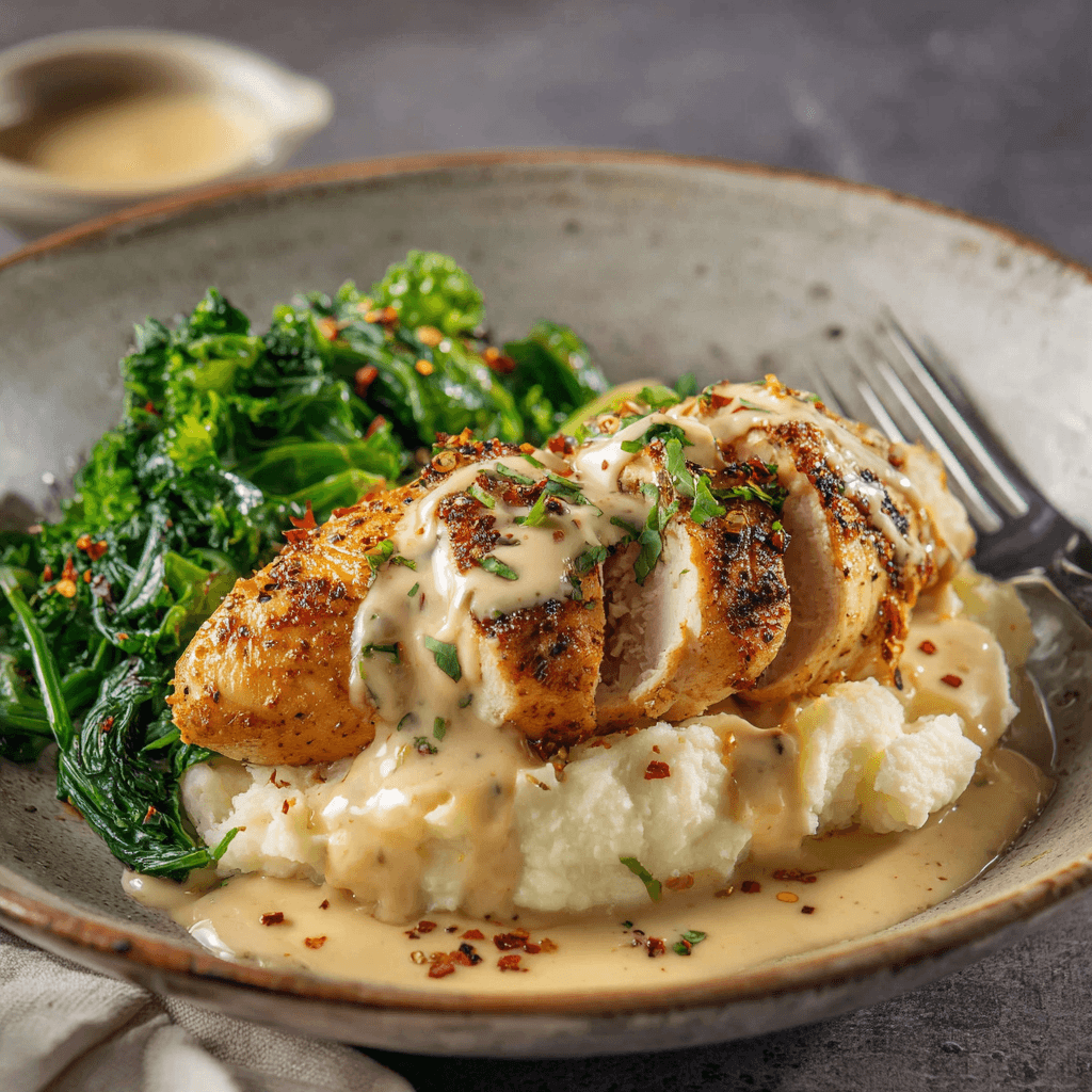 Creamy garlic chicken dinner with sides