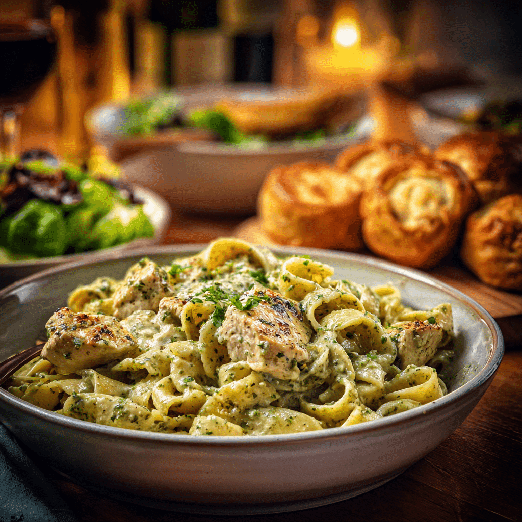 Pesto chicken pasta served with garlic bread