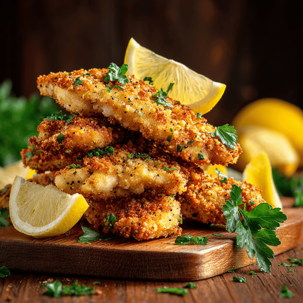 Crispy lemon pepper chicken tenders on wooden platter