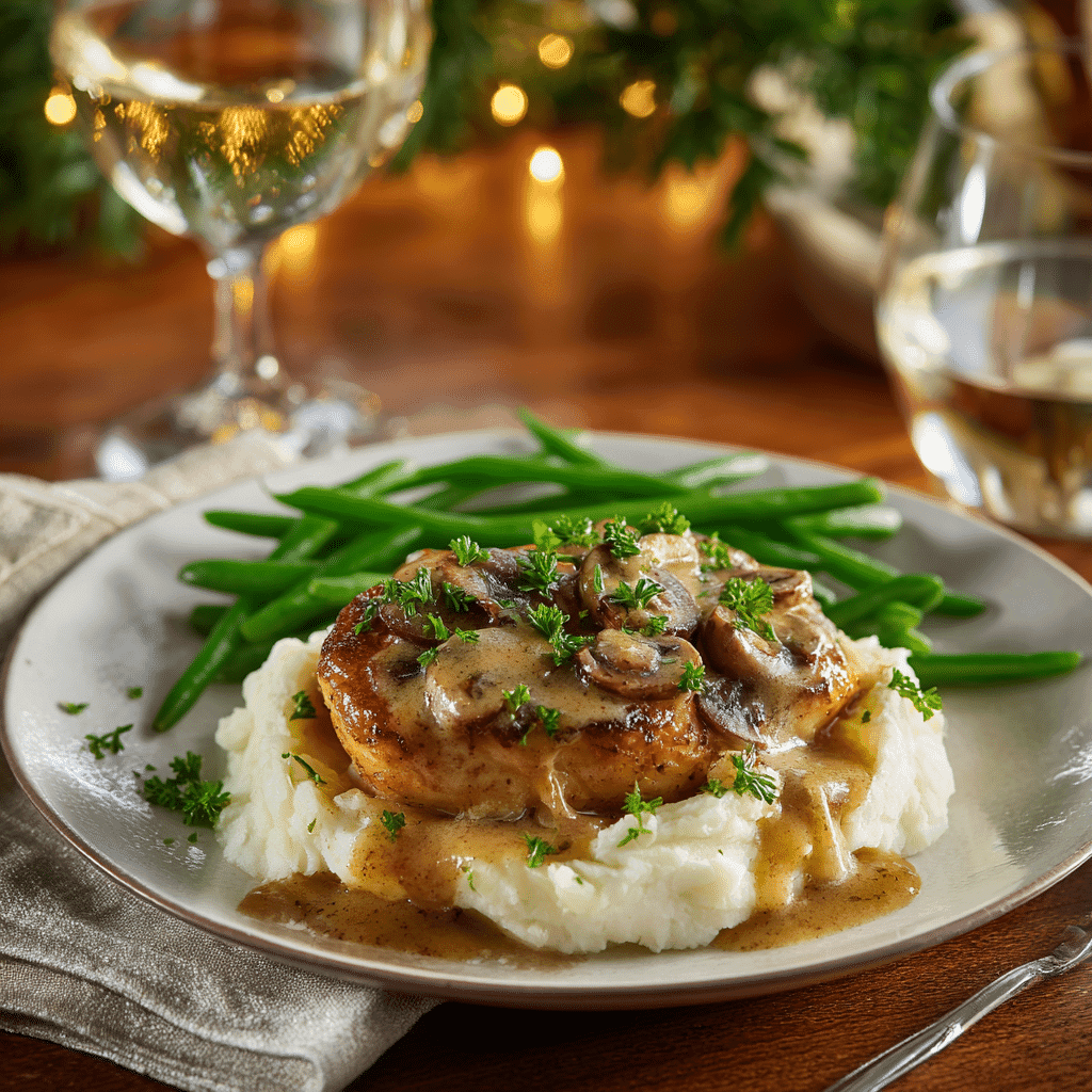 Plated slow cooker chicken marsala with mashed potatoes