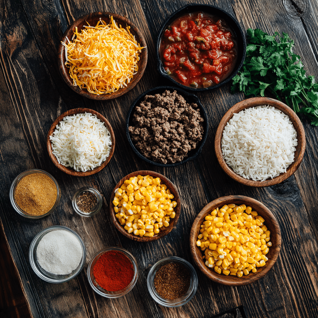 Ingredients for beef taco rice skillet