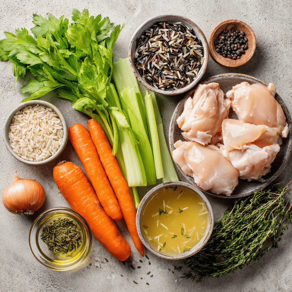 Ingredients laid out for chicken and wild rice soup