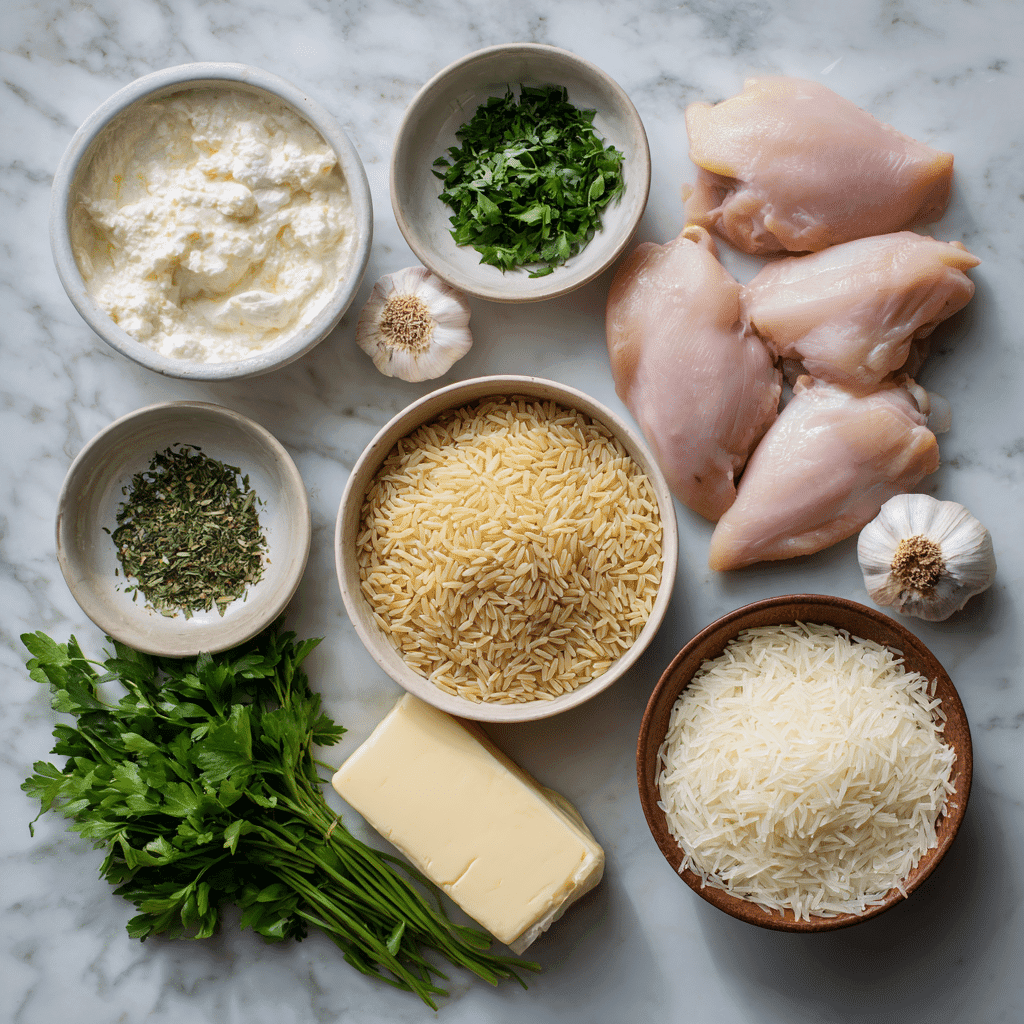 Ingredients for creamy garlic chicken orzo
