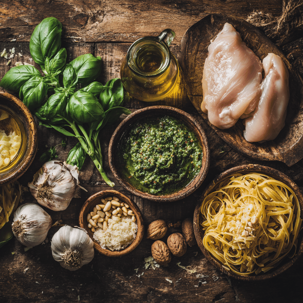 Ingredients for pesto chicken pasta