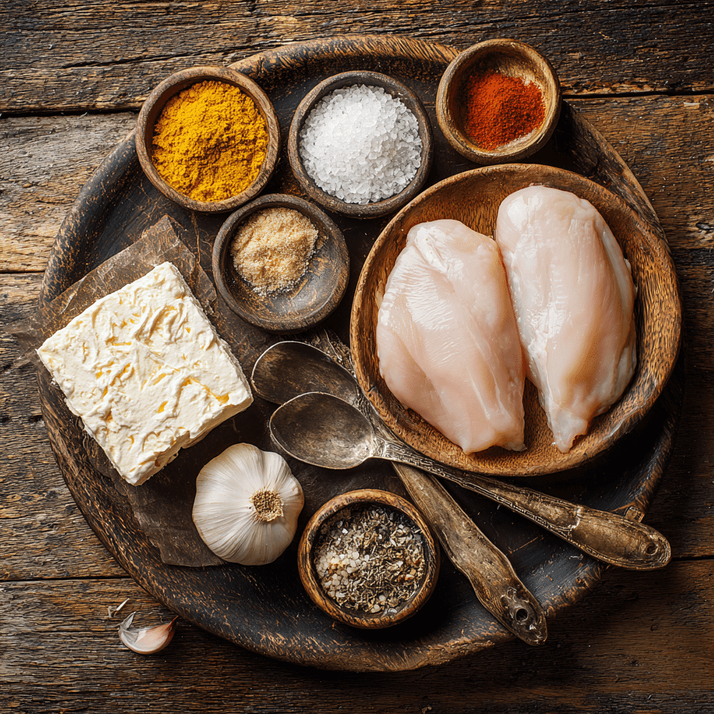 Ingredients for baked cream cheese chicken breast laid out on wood table