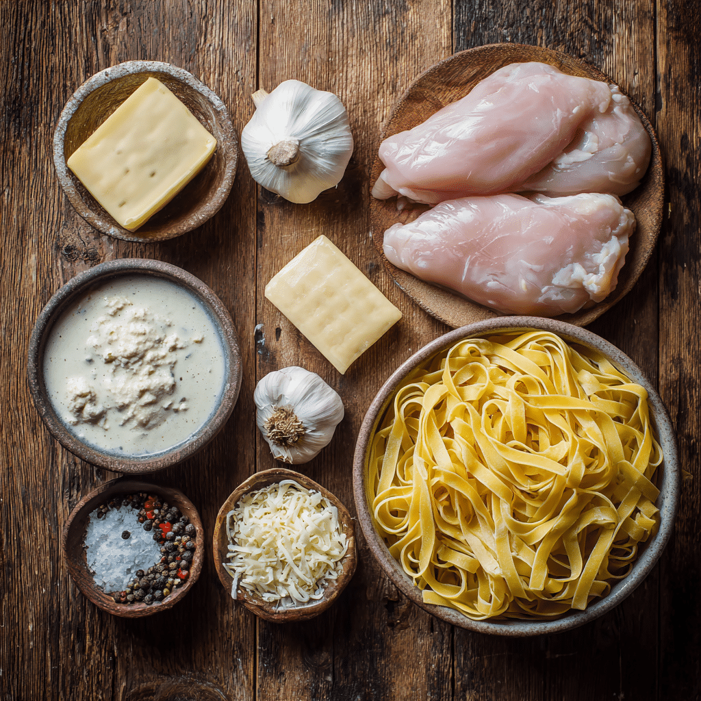 Ingredients for slow cooker chicken fettuccine Alfredo recipe